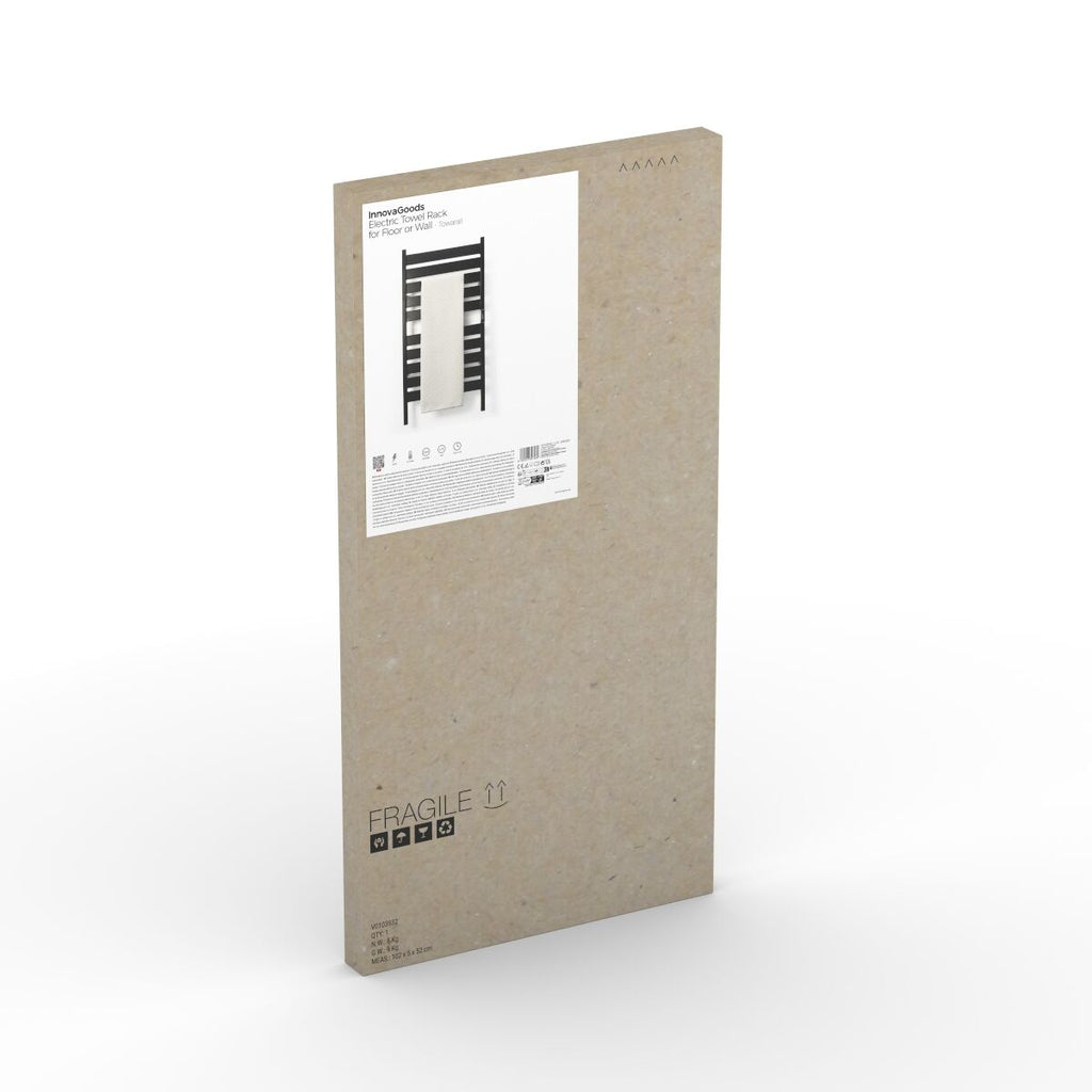 The packaging of the InnovaGoods towel rail, showcasing a simple cardboard box with a product image and branding.