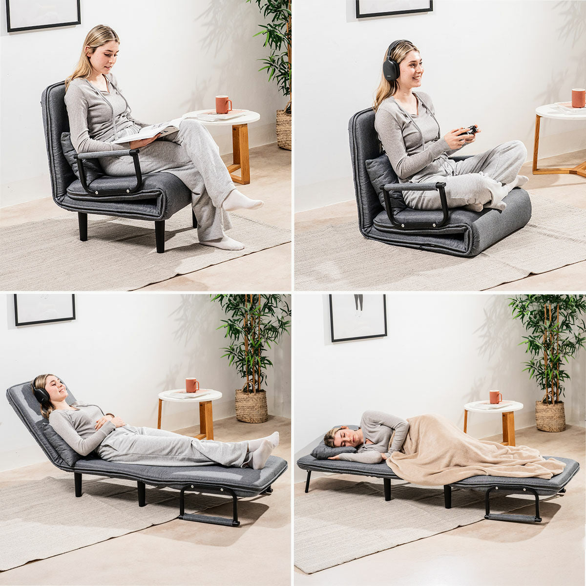 A woman using the convertible sofa in three configurations: as a chair while reading, as a floor sofa with a game controller, and as a recliner for sleeping with a blanket.