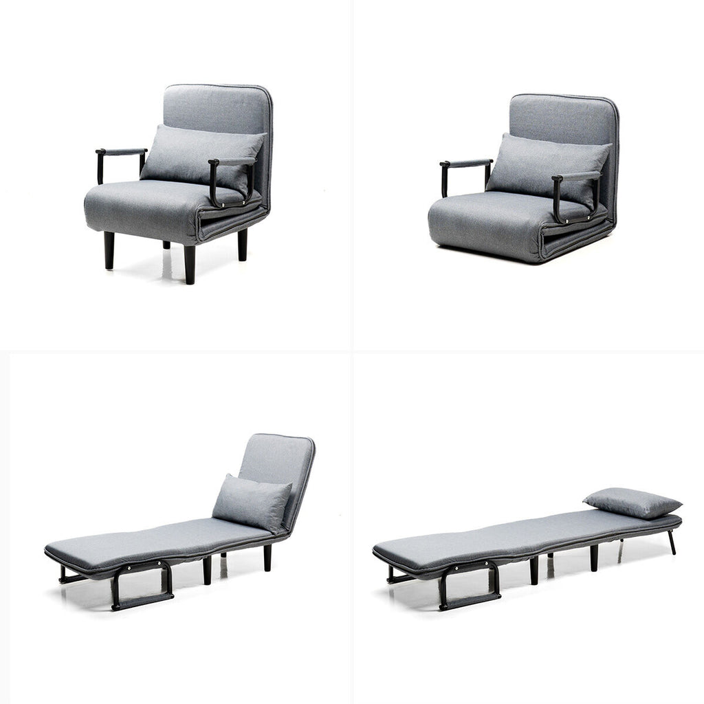 The sofa demonstrated in all four convertible forms: chair, floor sofa, lounger, and bed.