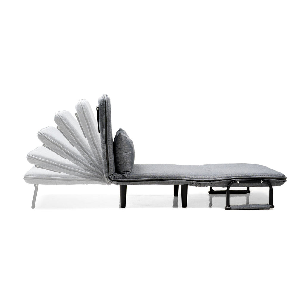 Side view of the sofa demonstrating its adjustable backrest in various angled positions.