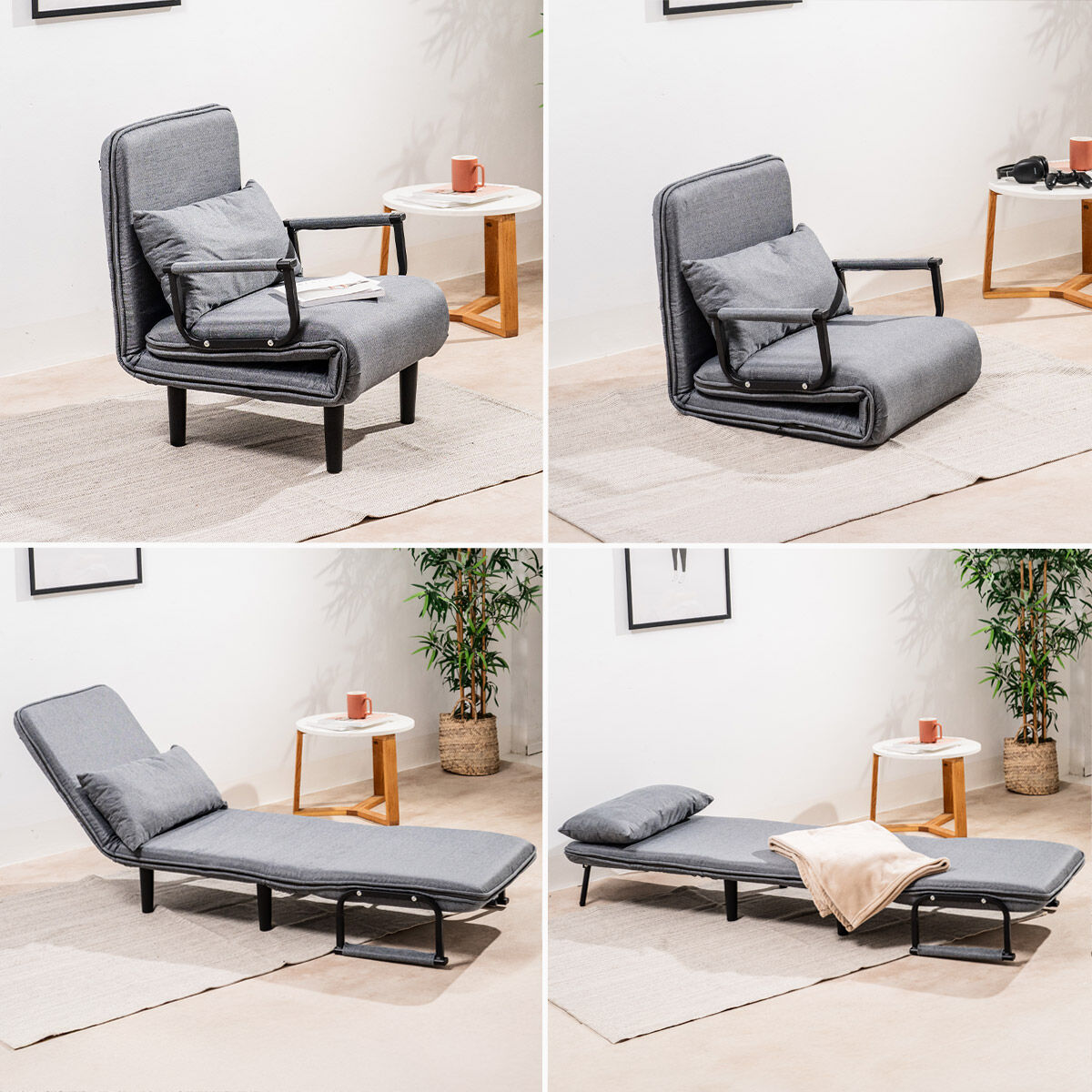 The sofa in a room setting as a chair with books and a coffee cup beside, emphasizing its use for reading or relaxing.