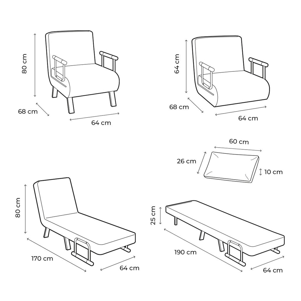 Diagrams with measurements of the sofa bed in different configurations: chair, lounger, and extended bed.
