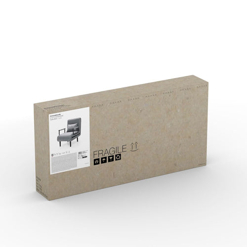 The packaging box for the sofa bed, labeled with the product image and 'fragile' indicators, showing the product in a small diagram on the box.