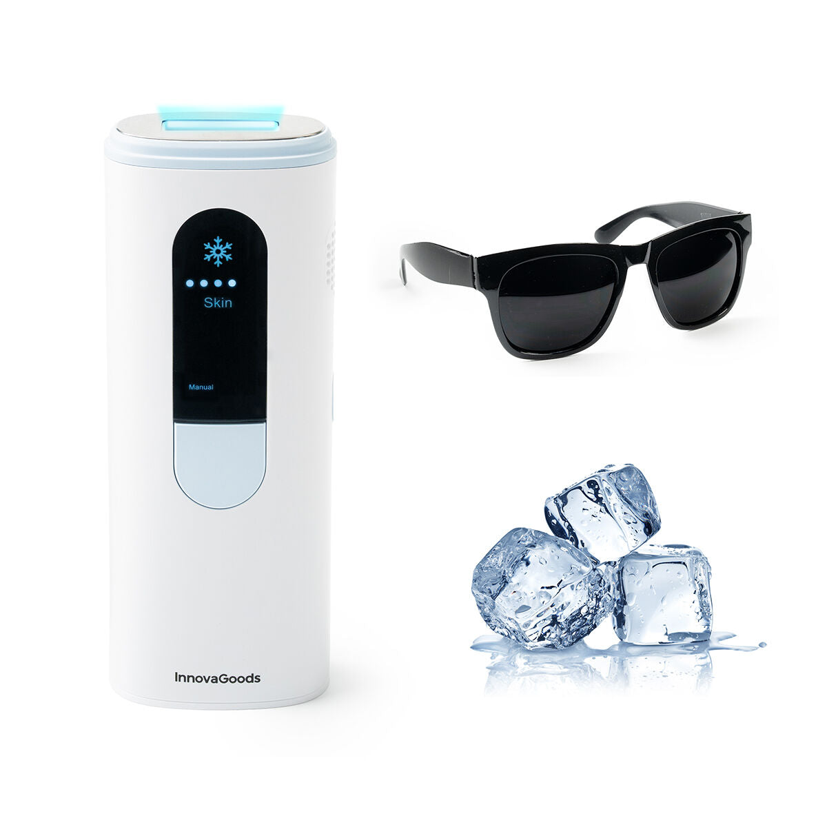 The device is shown with accessories like protective sunglasses and ice cubes, symbolizing its cooling function.