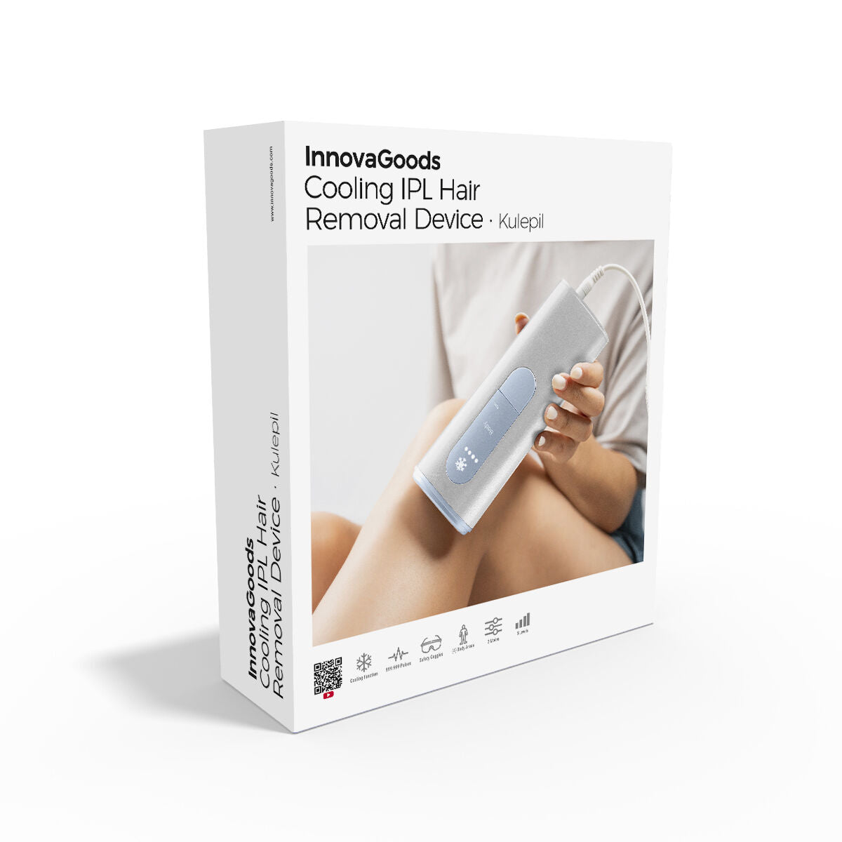 The product packaging is white with the image of the device on it. It reads 'InnovaGoods Cooling IPL Hair Removal Device · Kulepil'.