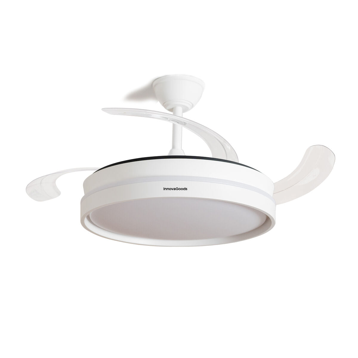 A product hero image of the Ventilador de techo LED with retractable blades extended and the LED light on.