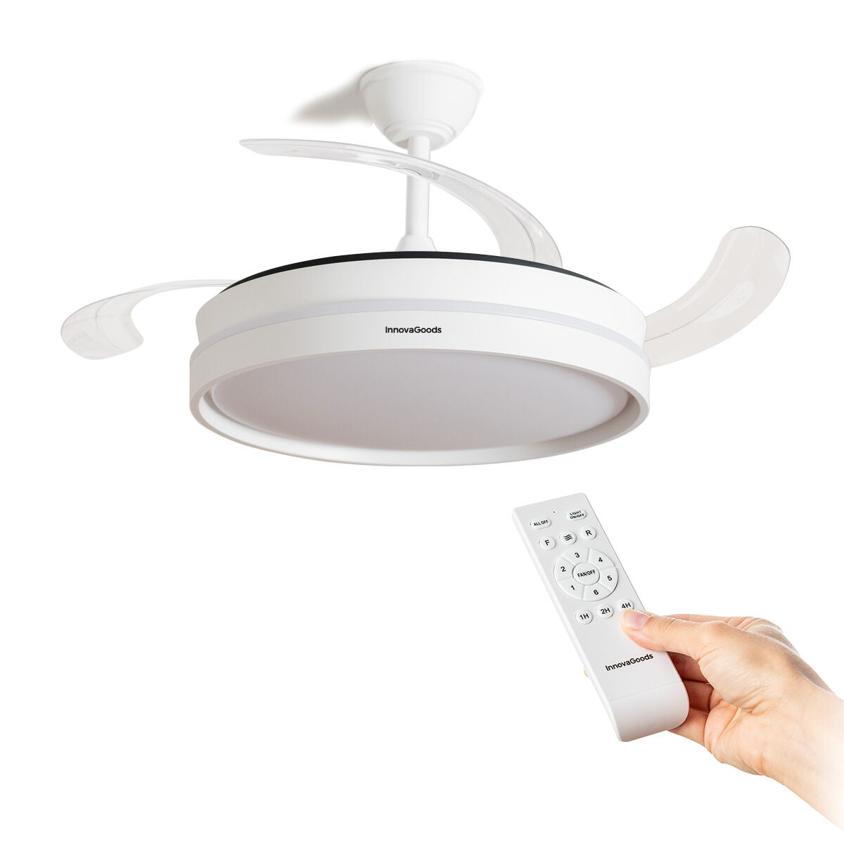 A product detail showing the Ventilador de techo LED with a hand using the remote control.