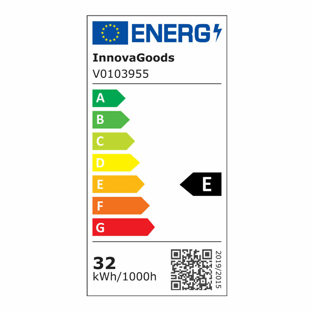 An energy label for the Ventilador de techo LED showing energy efficiency rating E at 32 kWh/1000h.