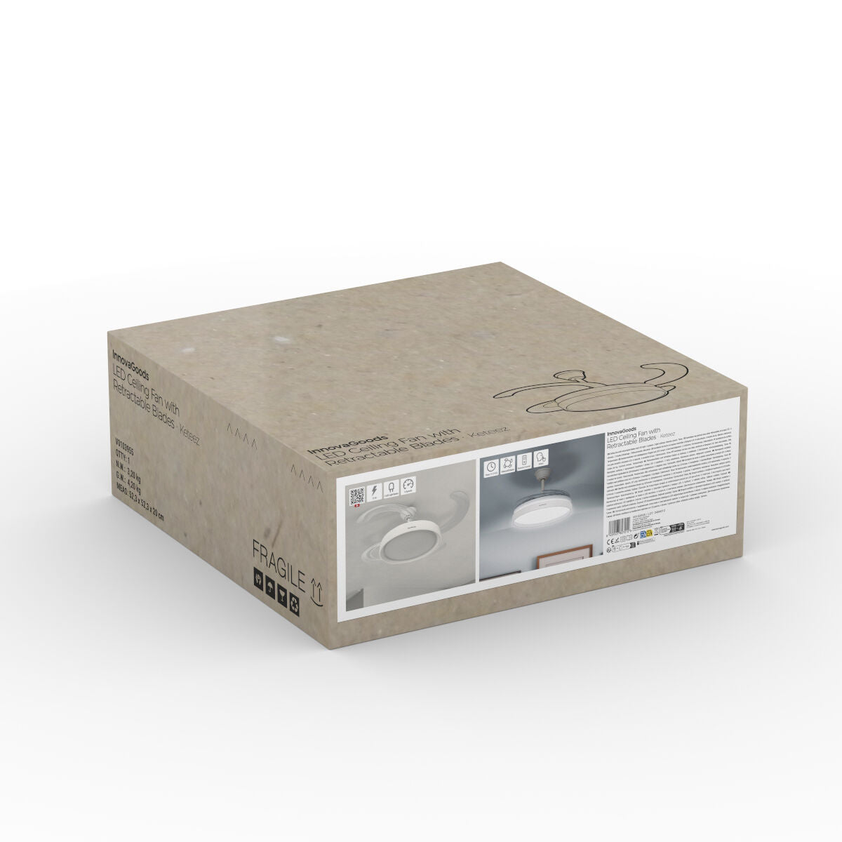 Product packaging for the Ventilador de techo LED showing a cardboard box with branding and product images.