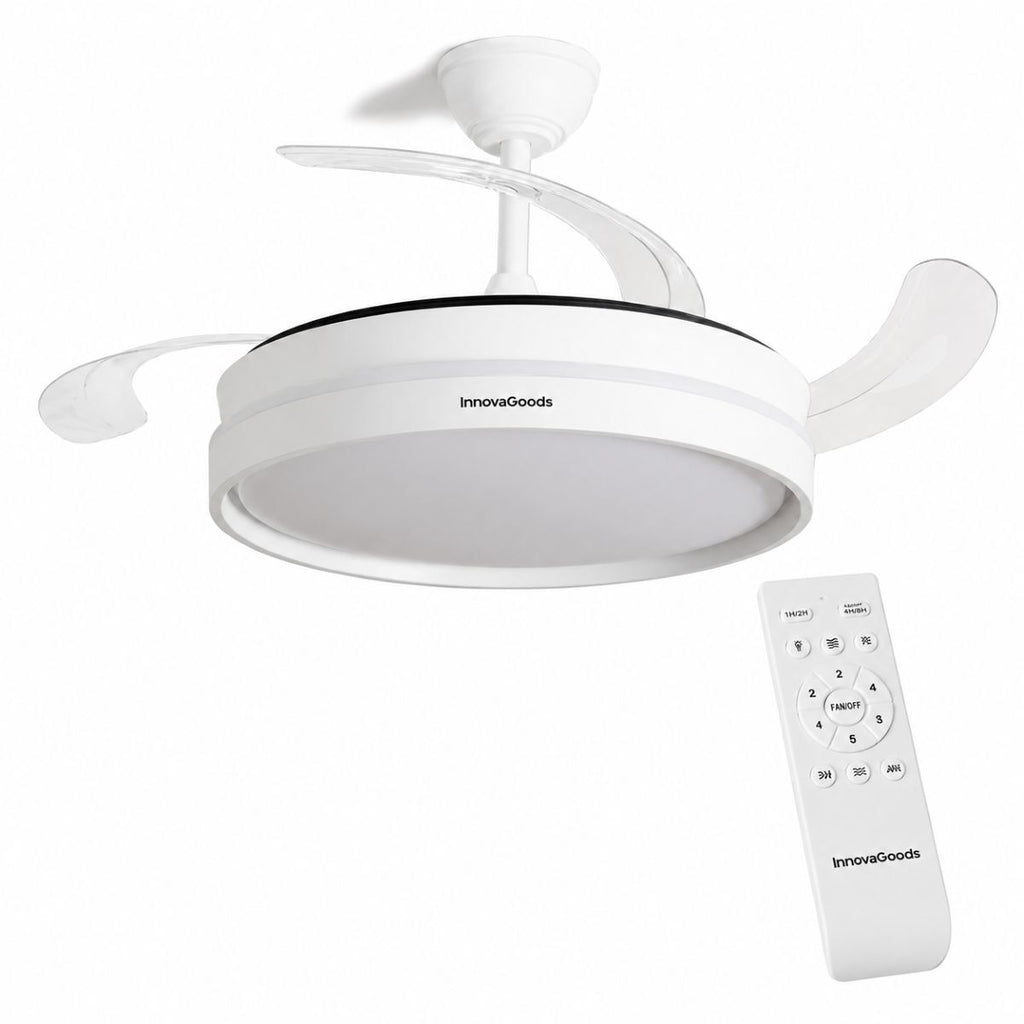 Another product hero image of the Ventilador de techo LED and its remote control.