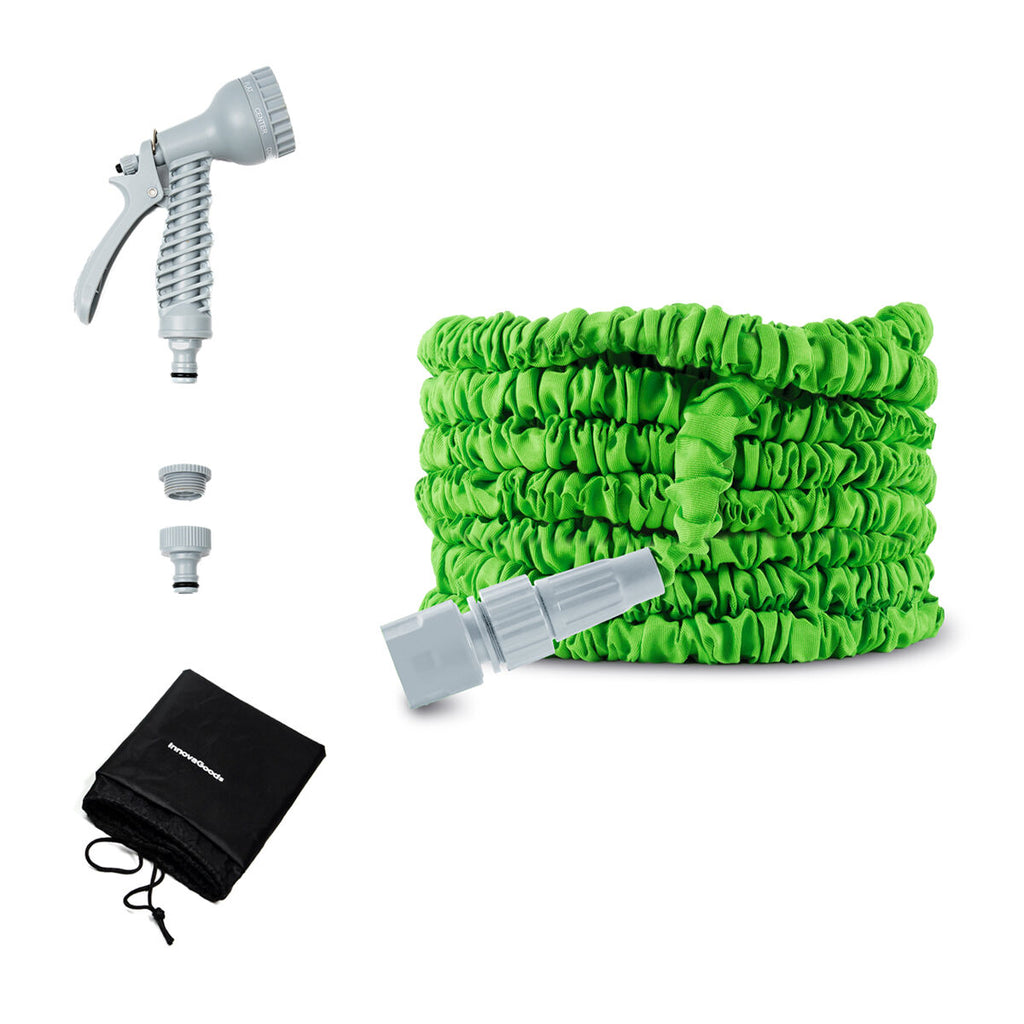 A full product view showing the coiled green hose, grey spray nozzle, connectors, and a black storage bag with drawstrings.