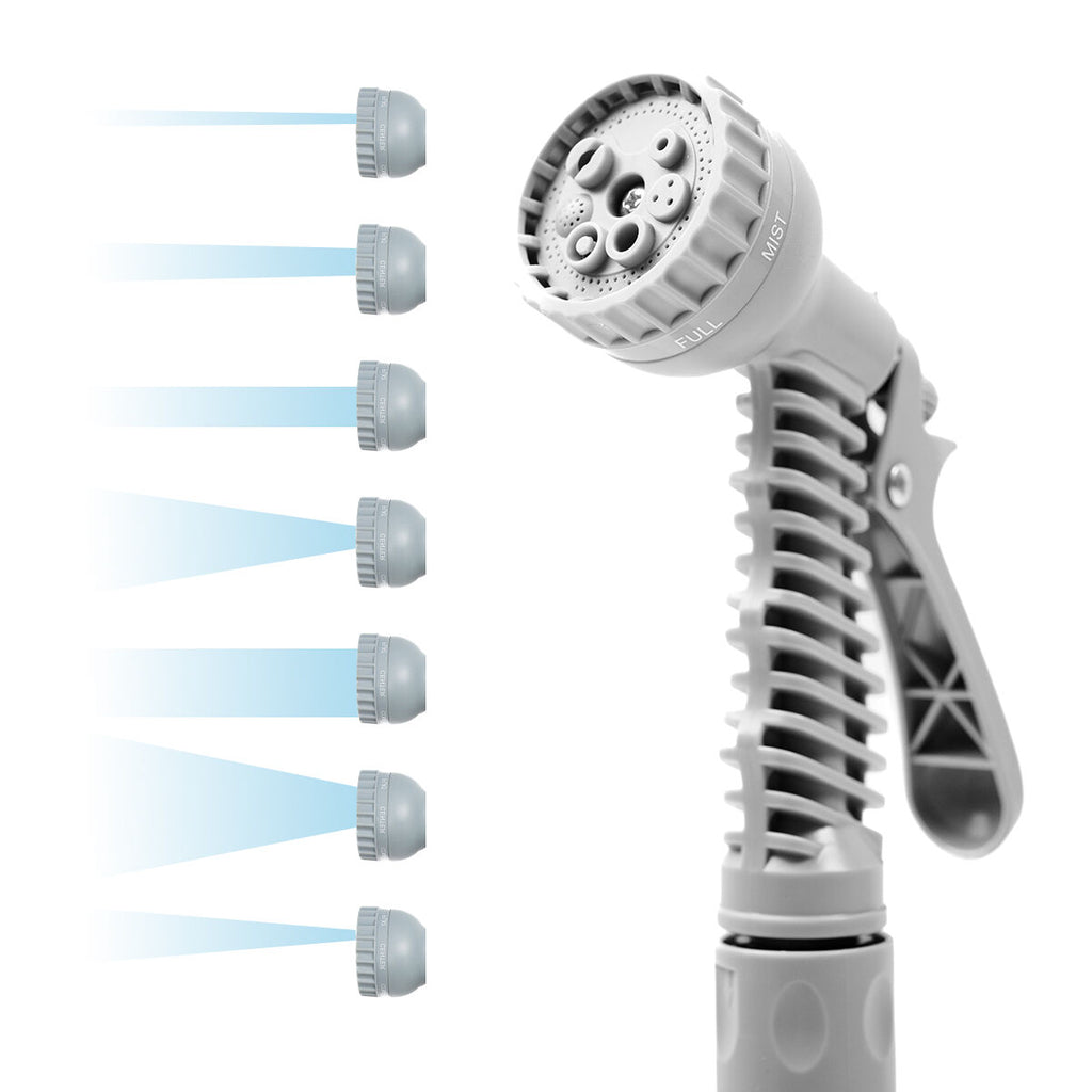 Detail view of the grey spray nozzle attachment with water spray settings indicated. The nozzle has adjustable settings for varied spray patterns.