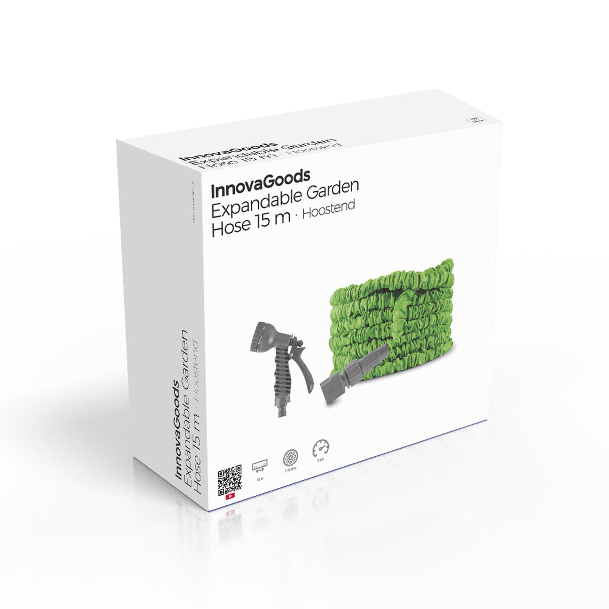 The packaging of the Extendable Garden Hose, showing a white box with the brand name InnovaGoods and 'Expandable Garden Hose 15 m Hoostend' text. The box features product images of the green hose and the grey nozzle.