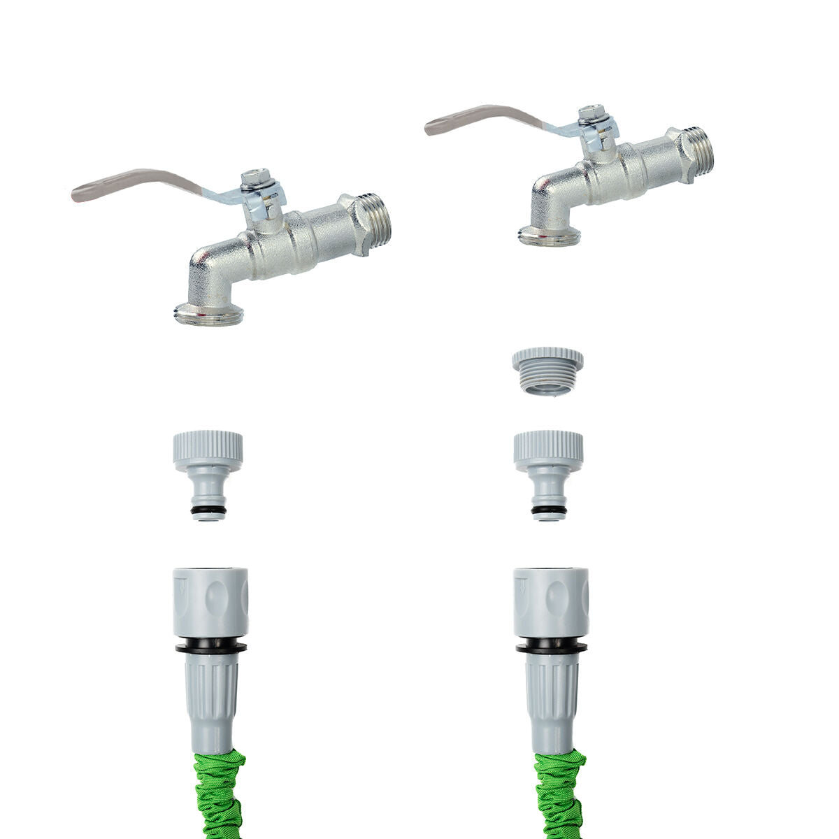 Two images showing faucet connections with the grey connector fittings of the green expandable hose. The focus is on the compatibility and connection process.