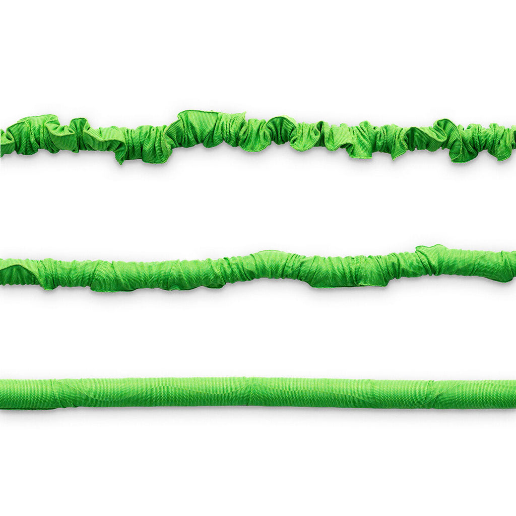 Close-up of the green expandable hose in three stages of extension. The texture is highlighted, showing the hose expanding and contracting.