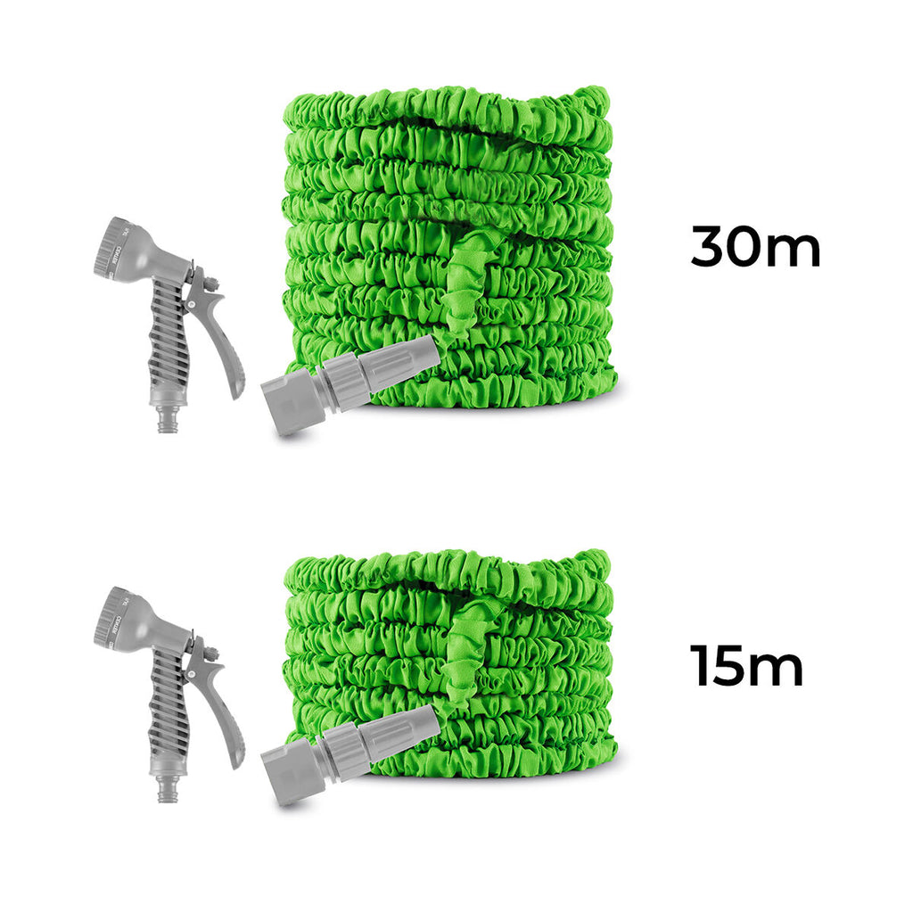 Two coiled green expandable hoses, one labeled 30m and the other 15m, each with a grey spray nozzle. The focus is on comparing different hose lengths.