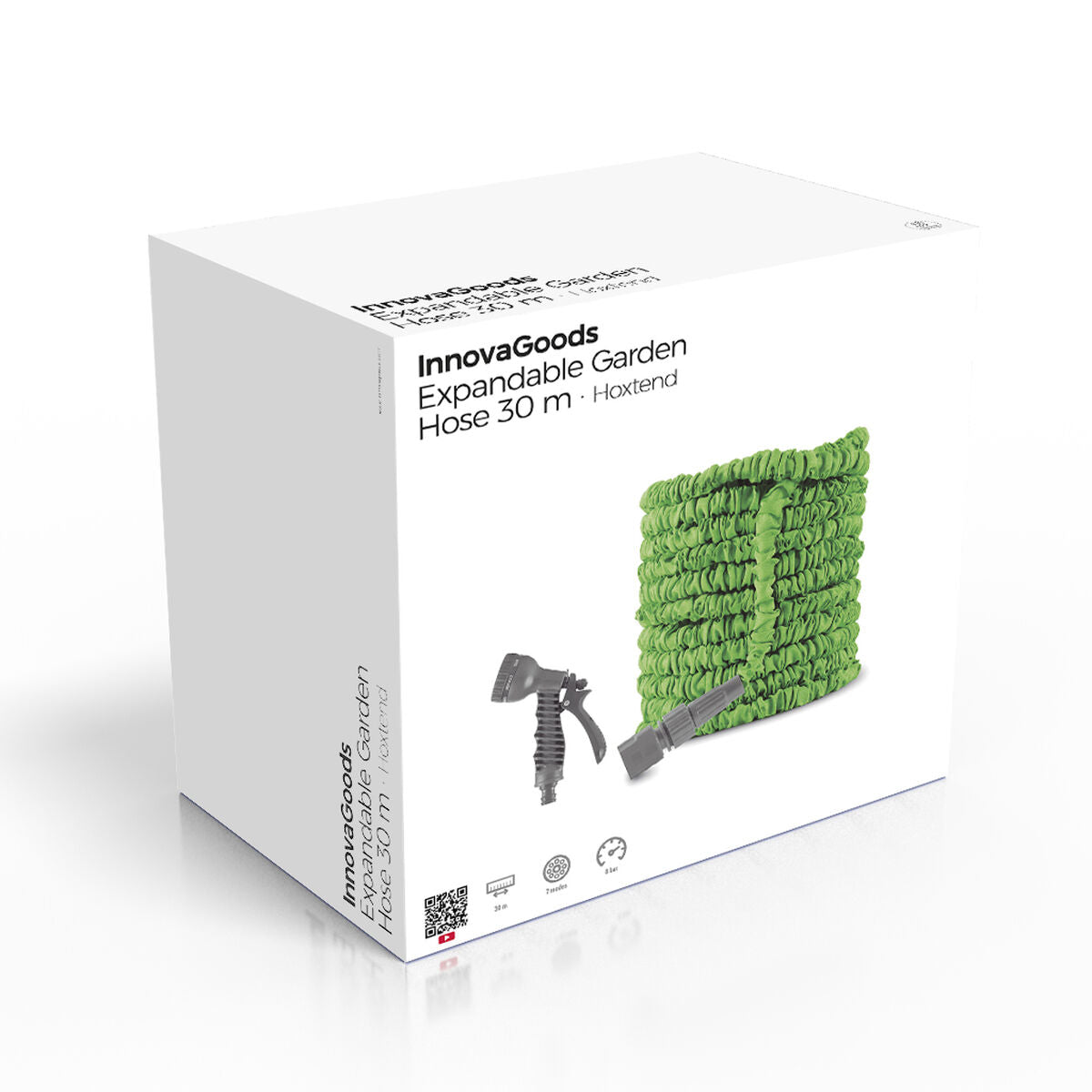Packaging box for the Extendable Garden Hose Hoxtend InnovaGoods 30 m. The box is white with a product image showing a green expandable hose and grey nozzle on the front. The product name and features are printed on the box.