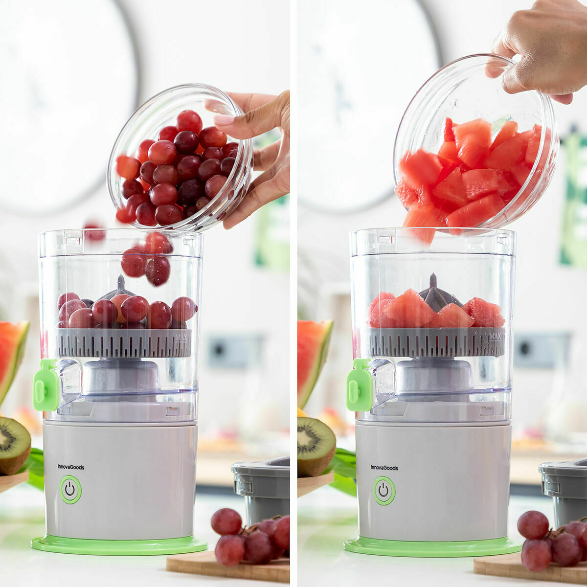 Juicer being filled with grapes and watermelon in a bright kitchen setting.
