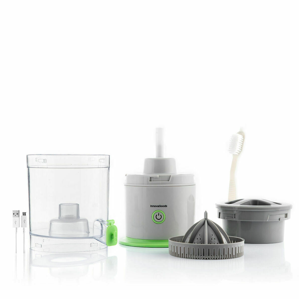 Juicer components laid out including base, juicing cone, transparent container, USB cable and cleaning brush.