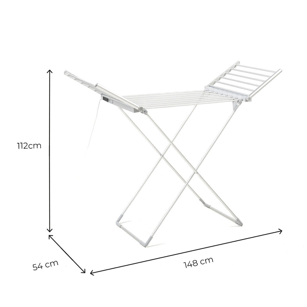 The image focuses on the dimensions of the dryer, showing measurements of 112 cm in height and 148 cm in width.