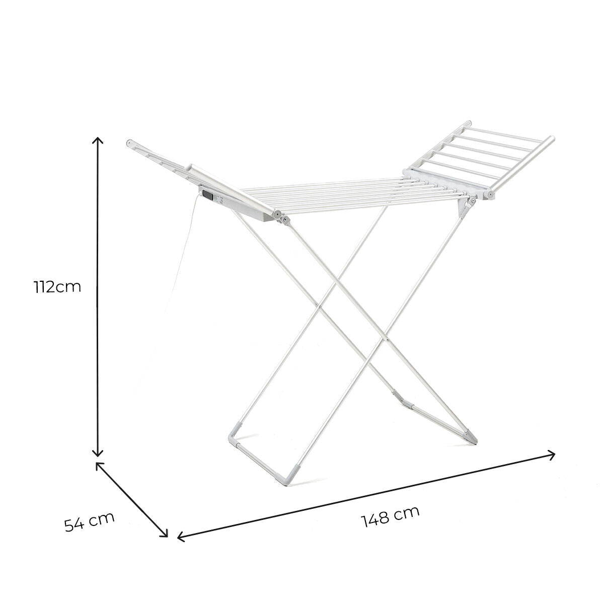 The image focuses on the dimensions of the dryer, showing measurements of 112 cm in height and 148 cm in width.