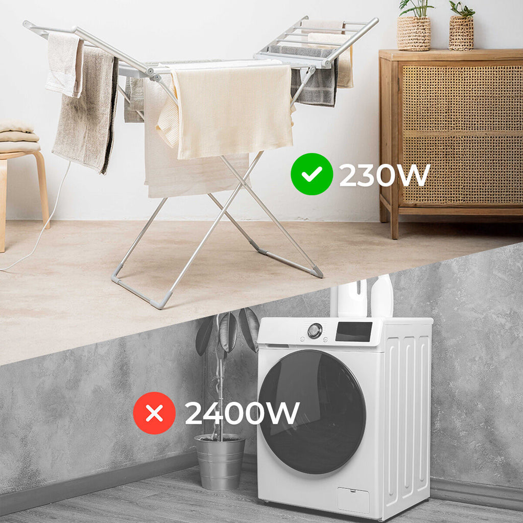 Image contrasts the energy usage of the electric dryer (230W) with a conventional dryer (2400W), emphasizing the former's efficiency.