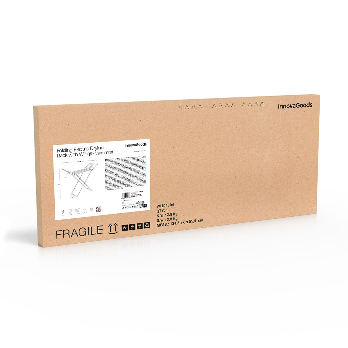 A cardboard packaging box is shown, labeled with 'Folding Electric Drying Rack With Wings - Warmmat' from InnovaGoods. It includes product specifications and a simple line drawing of the dryer.