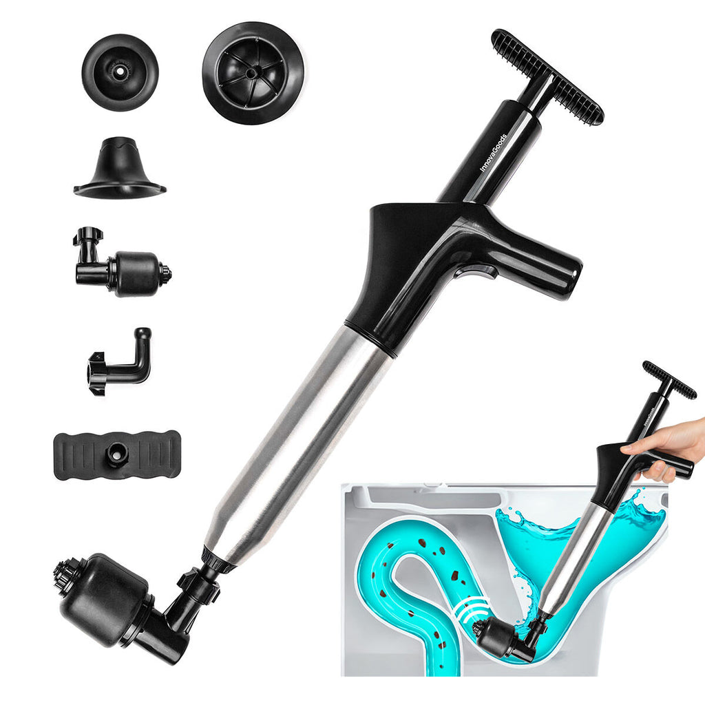 Image showing the plunger and accessories in a clean layout. A small inset displays the plunger in action with a toilet, illustrating the process of unclogging.