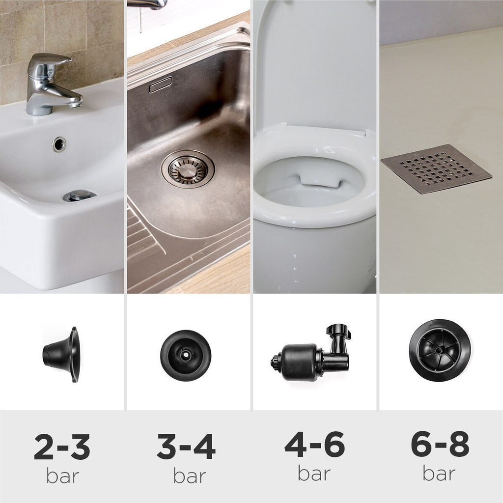Image demonstrating the recommended pressure ranges for different fixtures such as sinks, toilets, and drains, accompanied by visual depictions of the corresponding plunger heads.