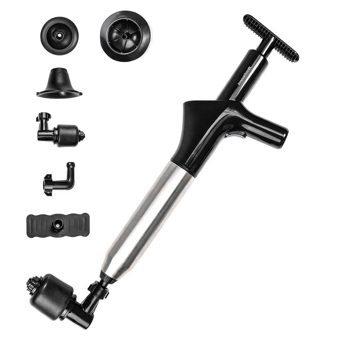 Product hero image showing the High-Pressure Compressed Air Plunger and its accessories. The plunger has a black handle and a metallic barrel, accompanied by several interchangeable heads displayed alongside.