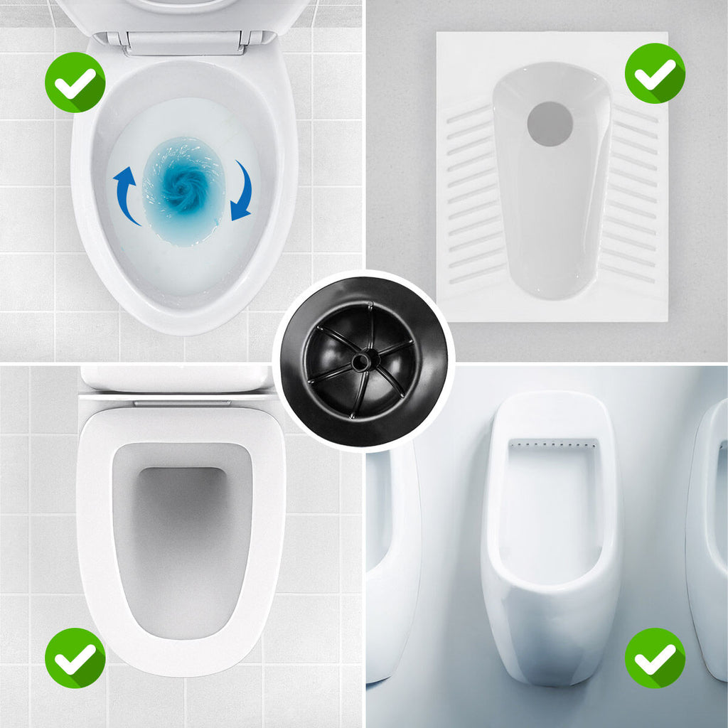 Compilation image showing multiple toilet and urinal types with green check marks, suggesting compatibility of the product with various plumbing fixtures.