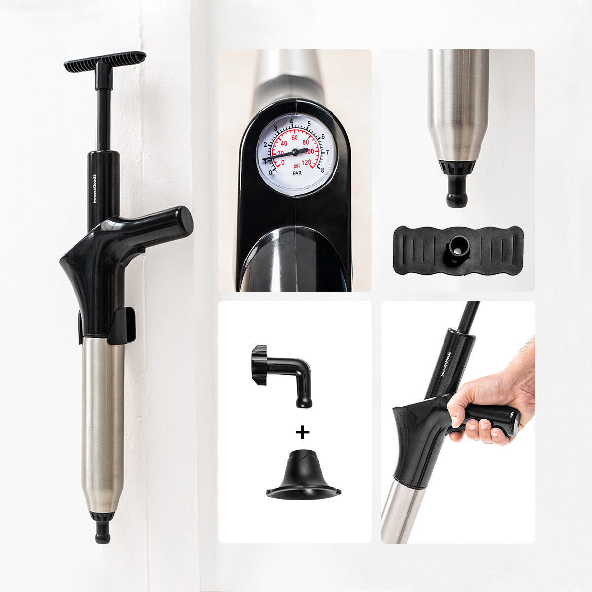 Detail image focusing on the plunger's pressure gauge and additional accessories. It emphasizes the product's components and structure.