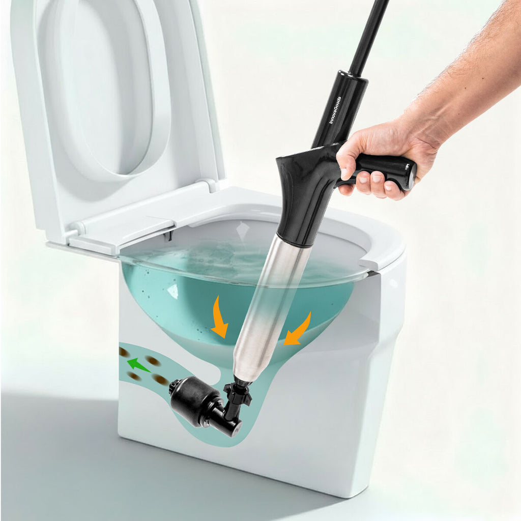 Lifestyle image showing the High-Pressure Compressed Air Plunger in use, being operated by a person to unclog a toilet. The plunger has a sleek black handle with a stainless-steel barrel and is shown effectively clearing a blockage.