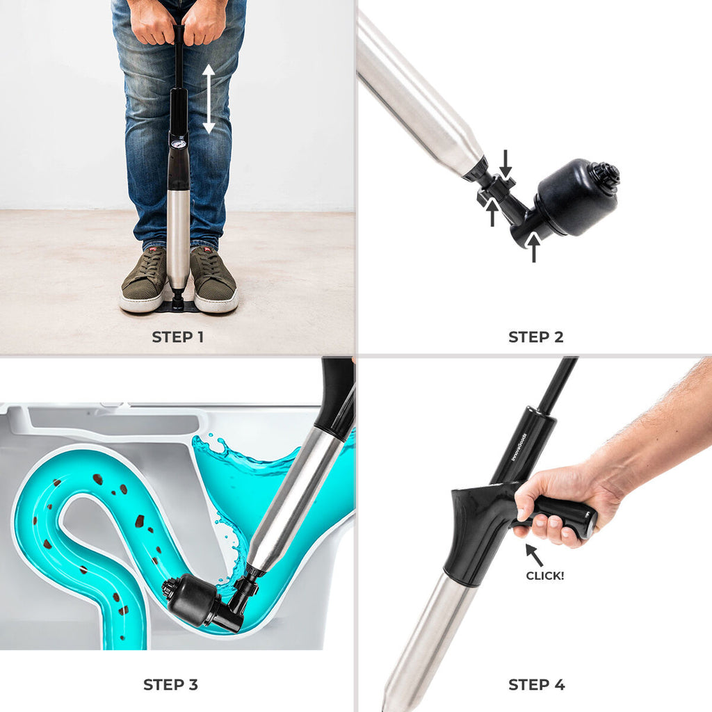Instructional image displaying a step-by-step guide to using the plunger. It highlights steps from positioning the plunger to activating it.