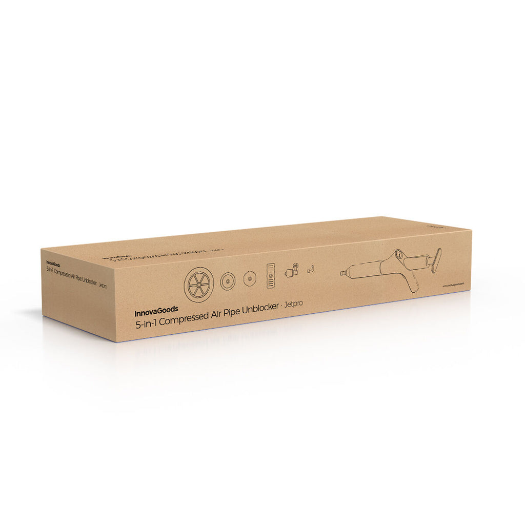 Packaging image depicting a brown cardboard box with black text and line art illustrations of the product and accessories. The box is labeled '5-in-1 Compressed Air Pipe Unblocker - Jetpro' with the InnovaGoods branding.