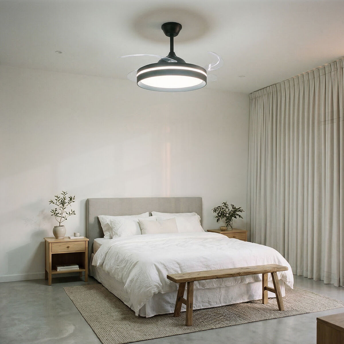 The fan installed in a bedroom, showcasing its dual functionality for lighting and ventilation.