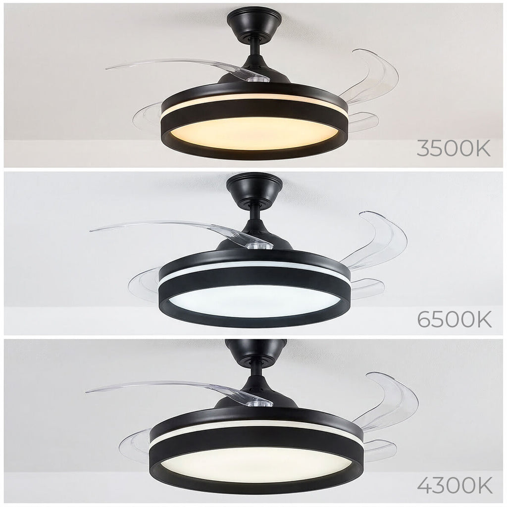 An image of the ceiling fan displaying three different light temperatures: 3500K, 4300K, and 6500K.