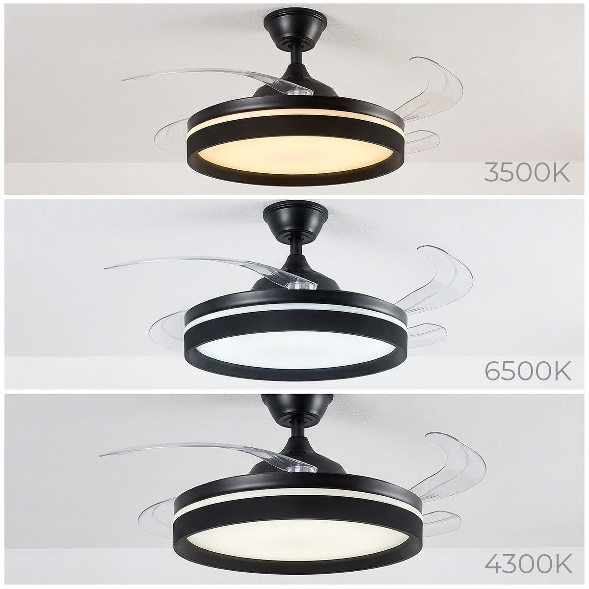 An image of the ceiling fan displaying three different light temperatures: 3500K, 4300K, and 6500K.