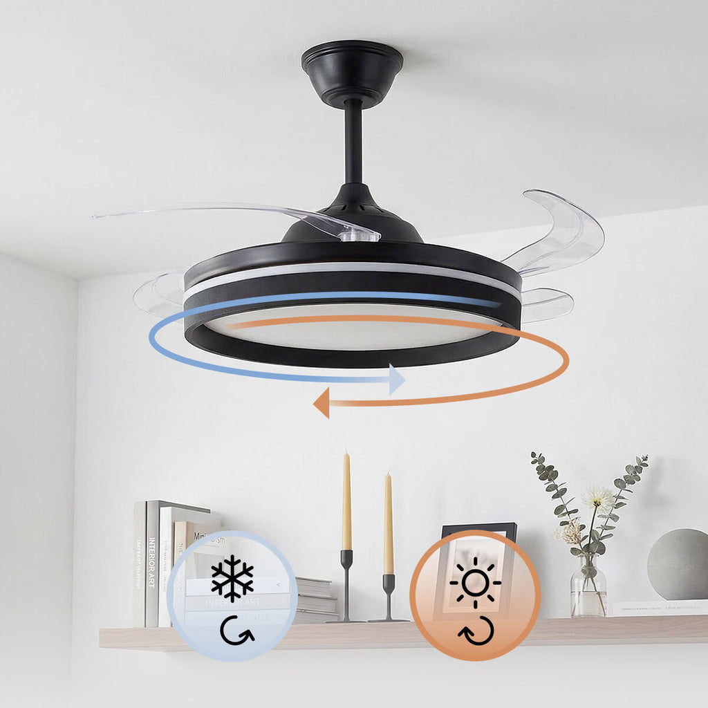 The fan in a room with visual indicators showing possible summer/winter settings and lighting options.