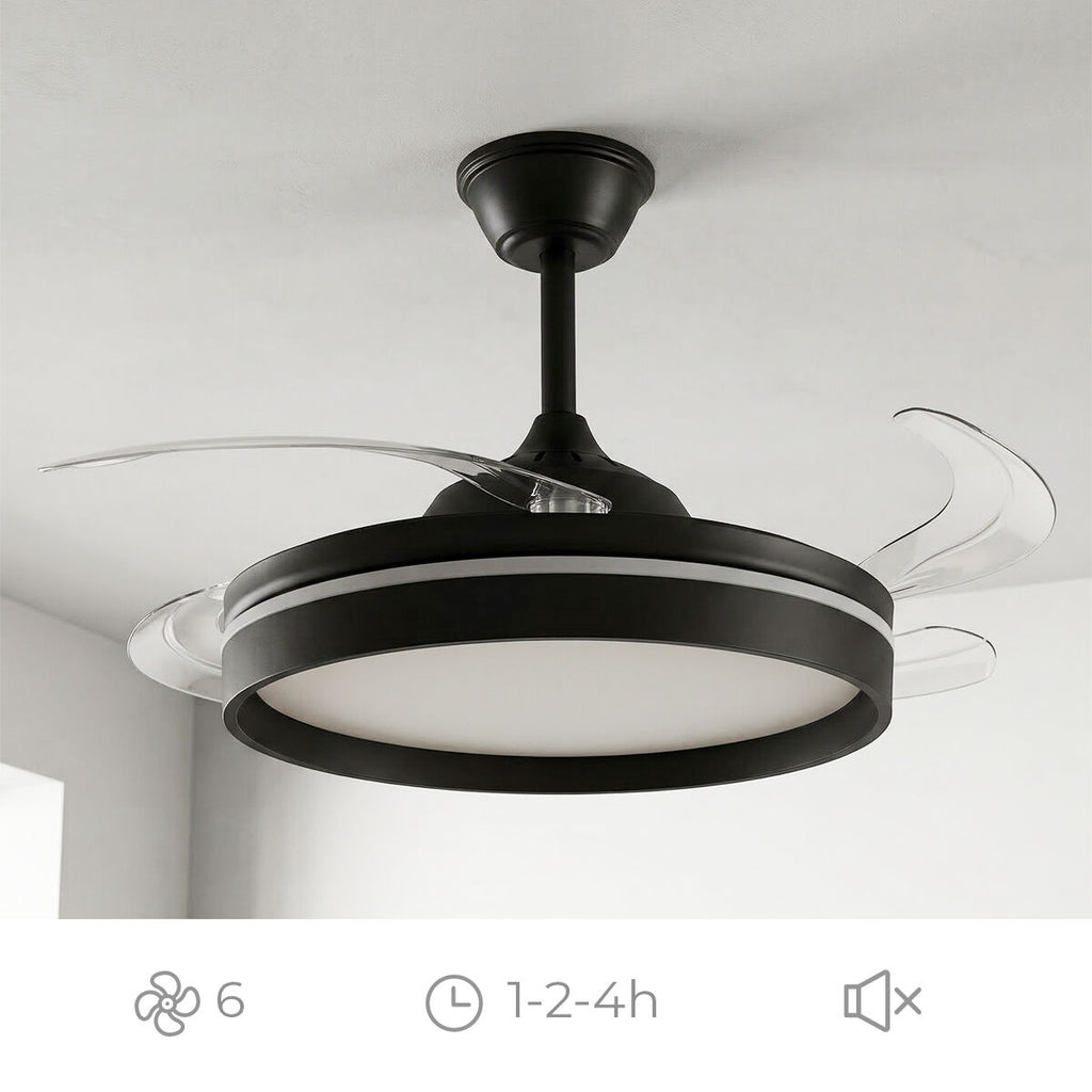 The fan mounted on a ceiling, with icons indicating operational features like speed and timer settings.