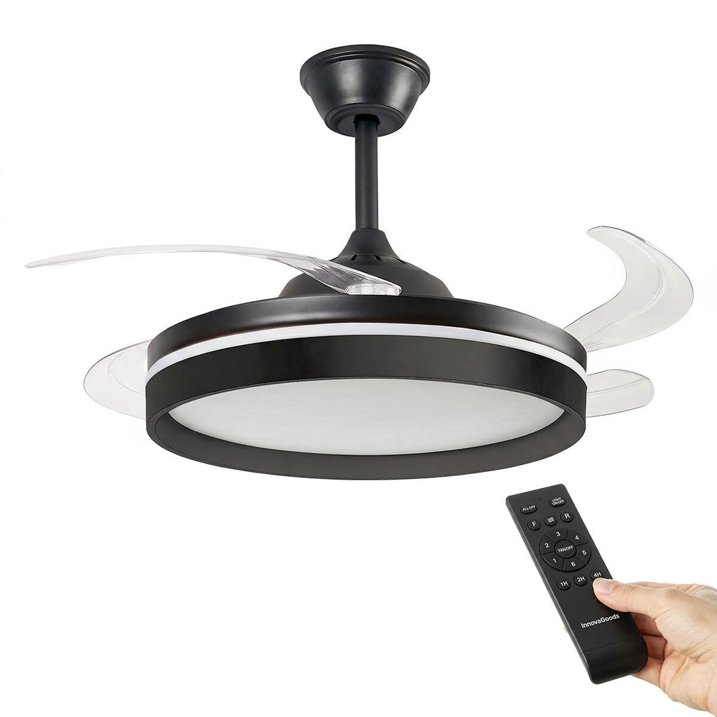 The fan with a remote control visible, indicating control options. The setting is a minimalistic room.