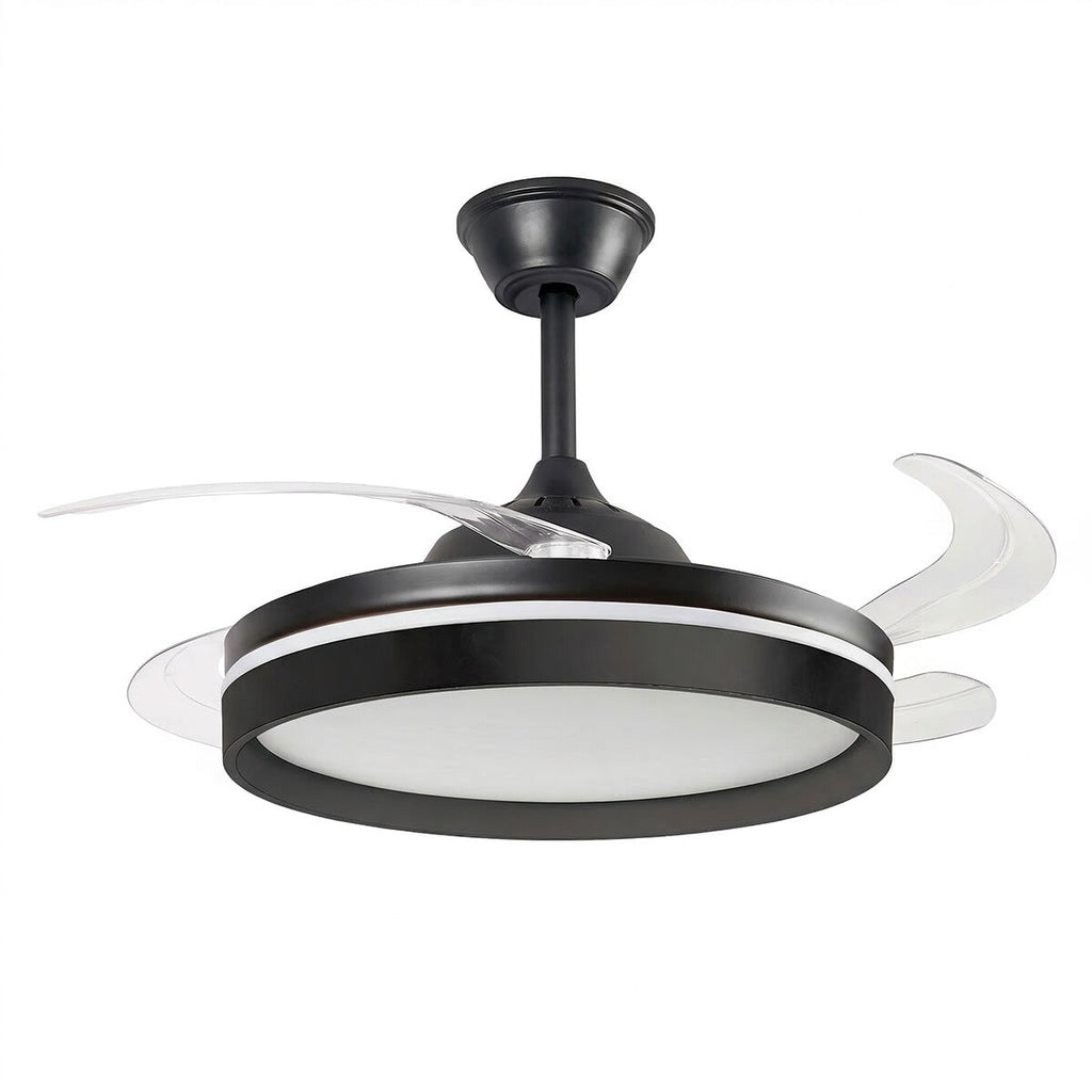 Close-up of the LED ceiling fan with transparent blades extended, displaying its sleek black design.
