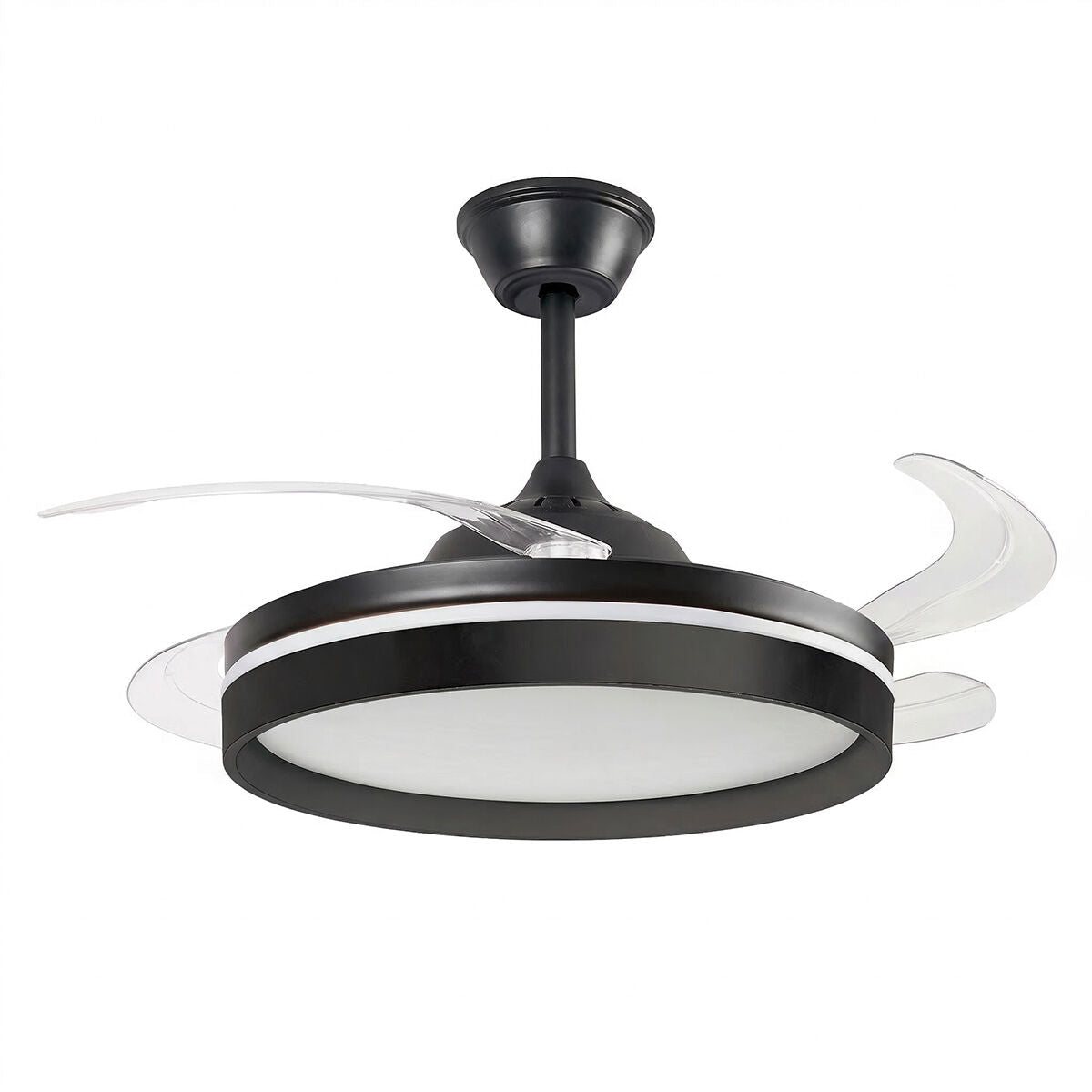 Close-up of the LED ceiling fan with transparent blades extended, displaying its sleek black design.