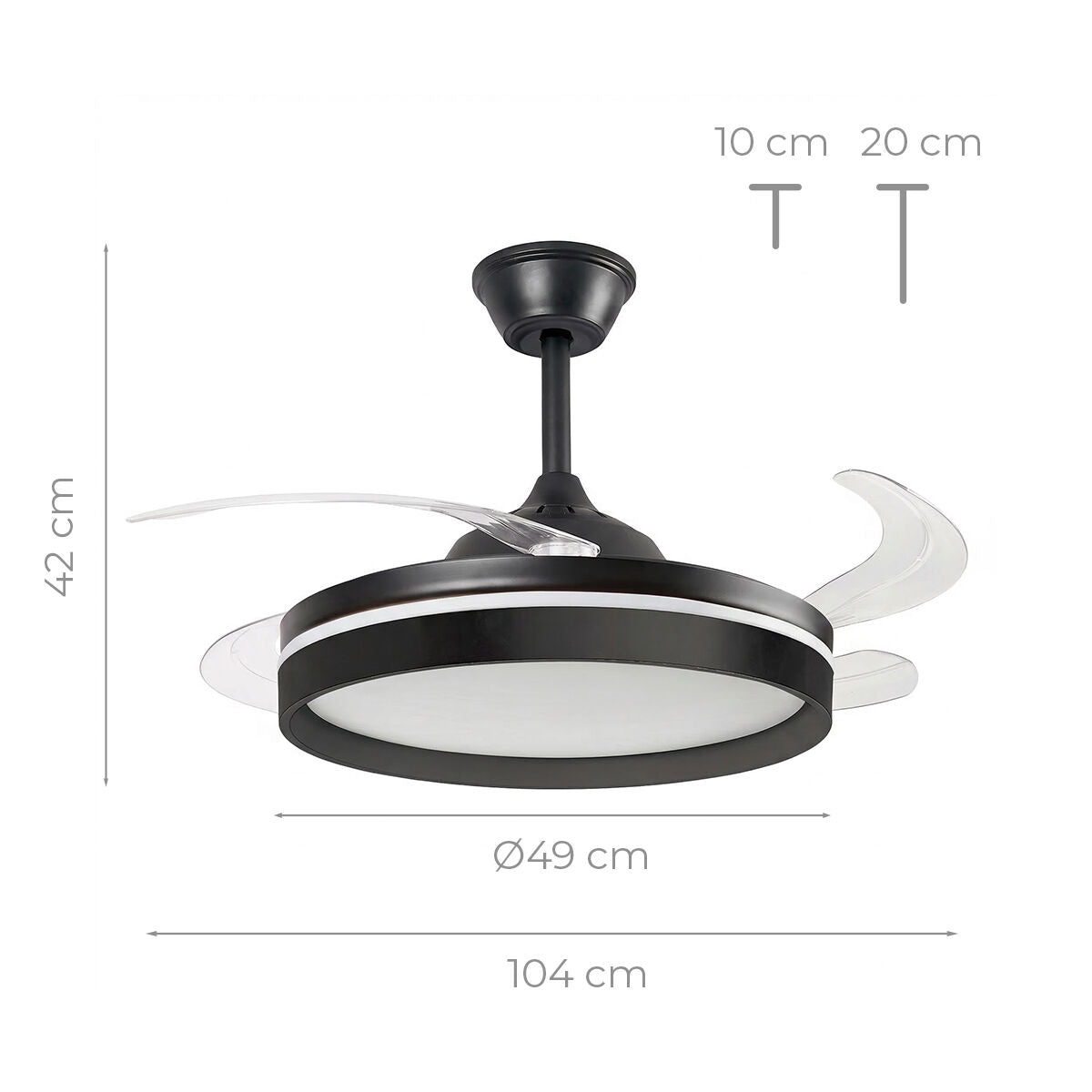 A diagram of the LED ceiling fan with dimensions marked, emphasizing its size and design features.