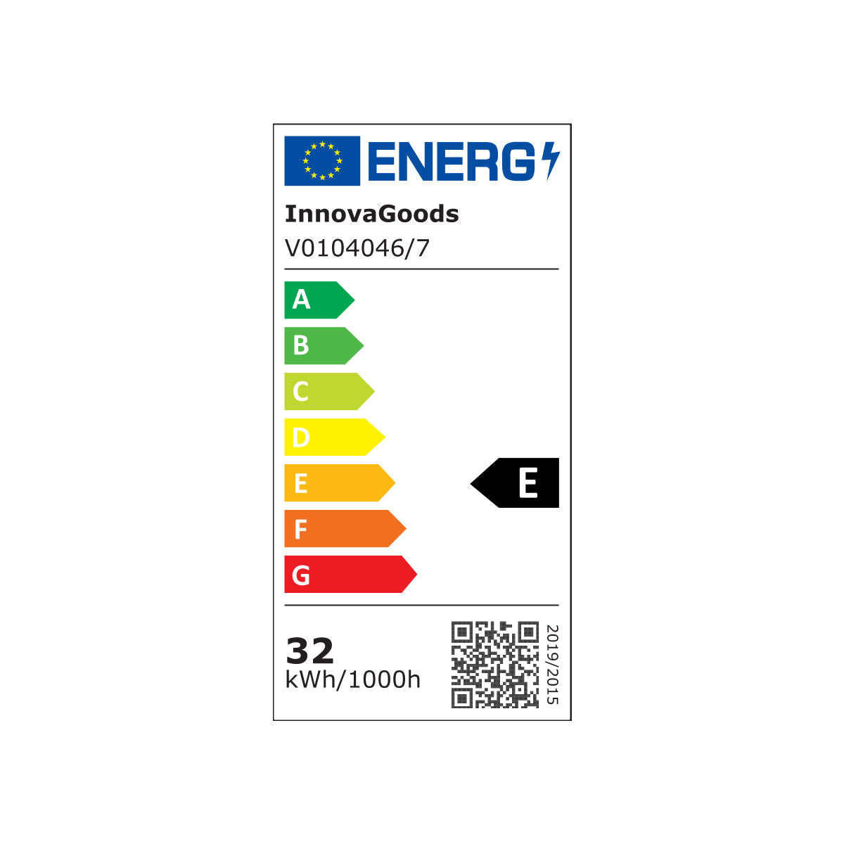 Energy label showing InnovaGoods product with an energy rating of E and consumption of 32 kWh/1000h.