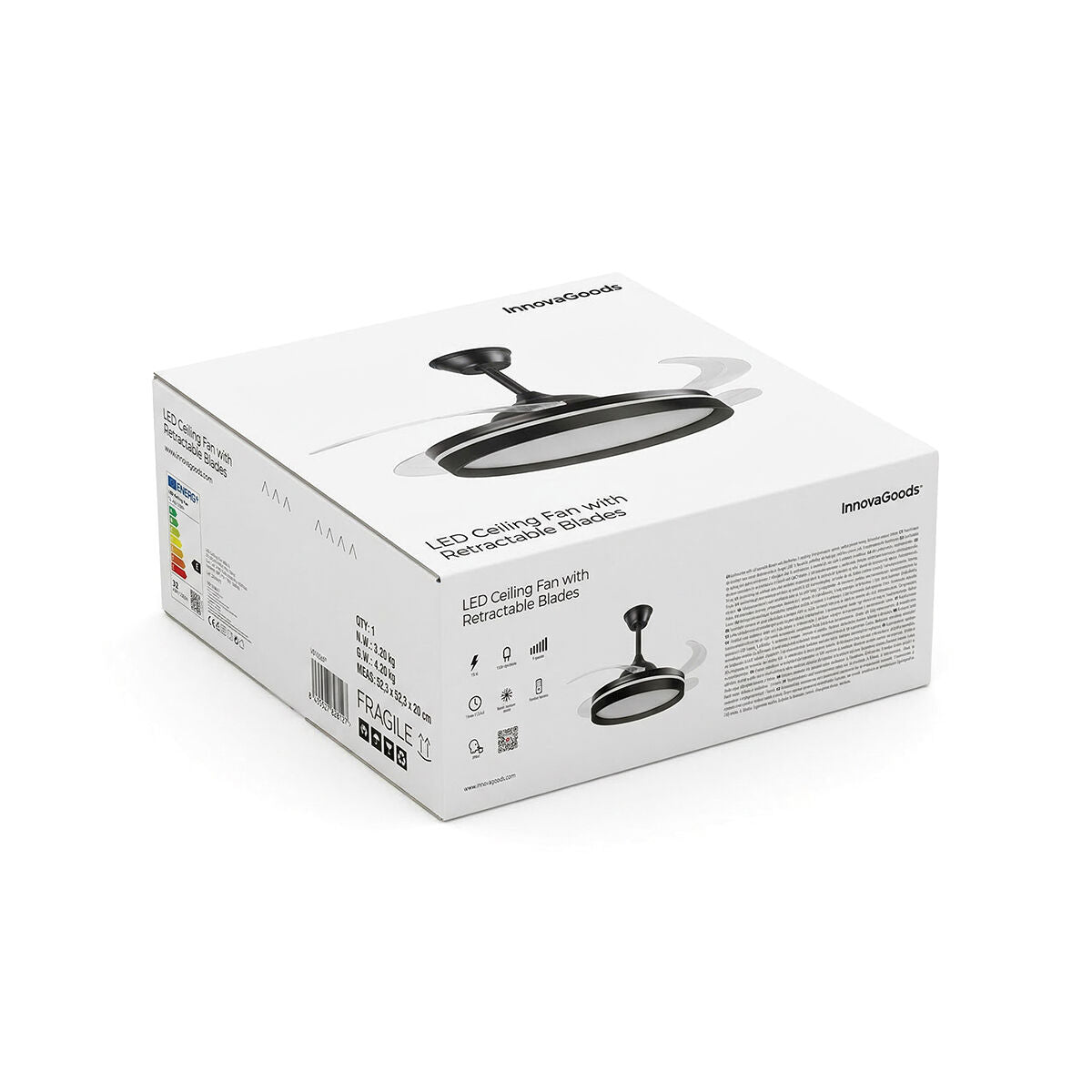 White packaging box for the LED ceiling fan, showing a graphic of the product. It displays the brand name InnovaGoods and key features.