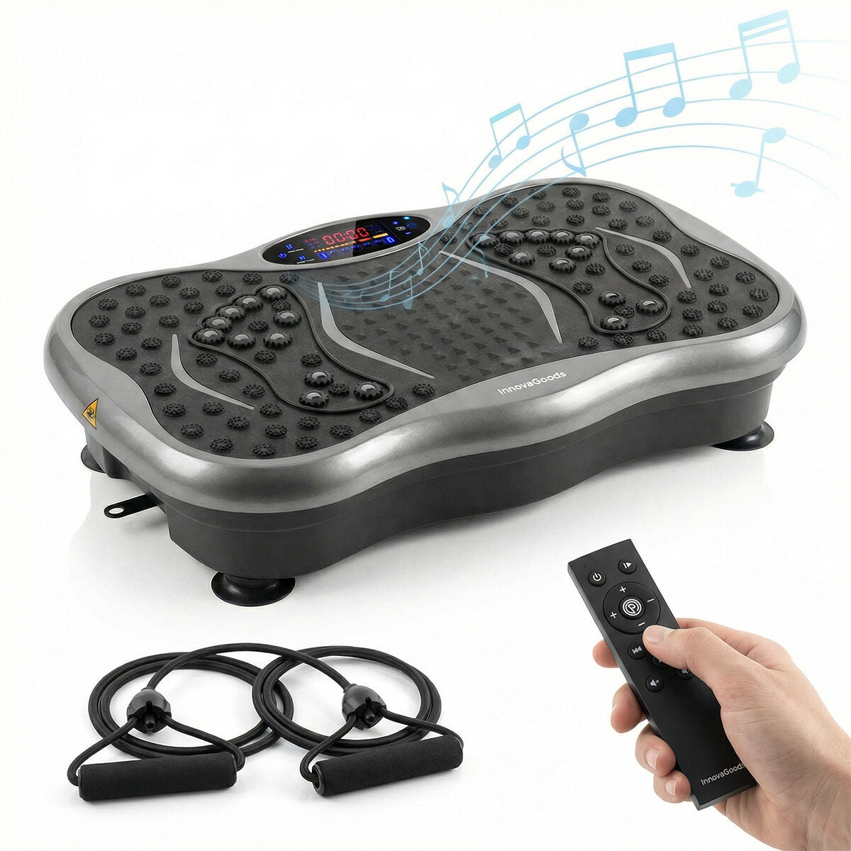 Product shown with remote control and musical notes indicating Bluetooth speaker feature.