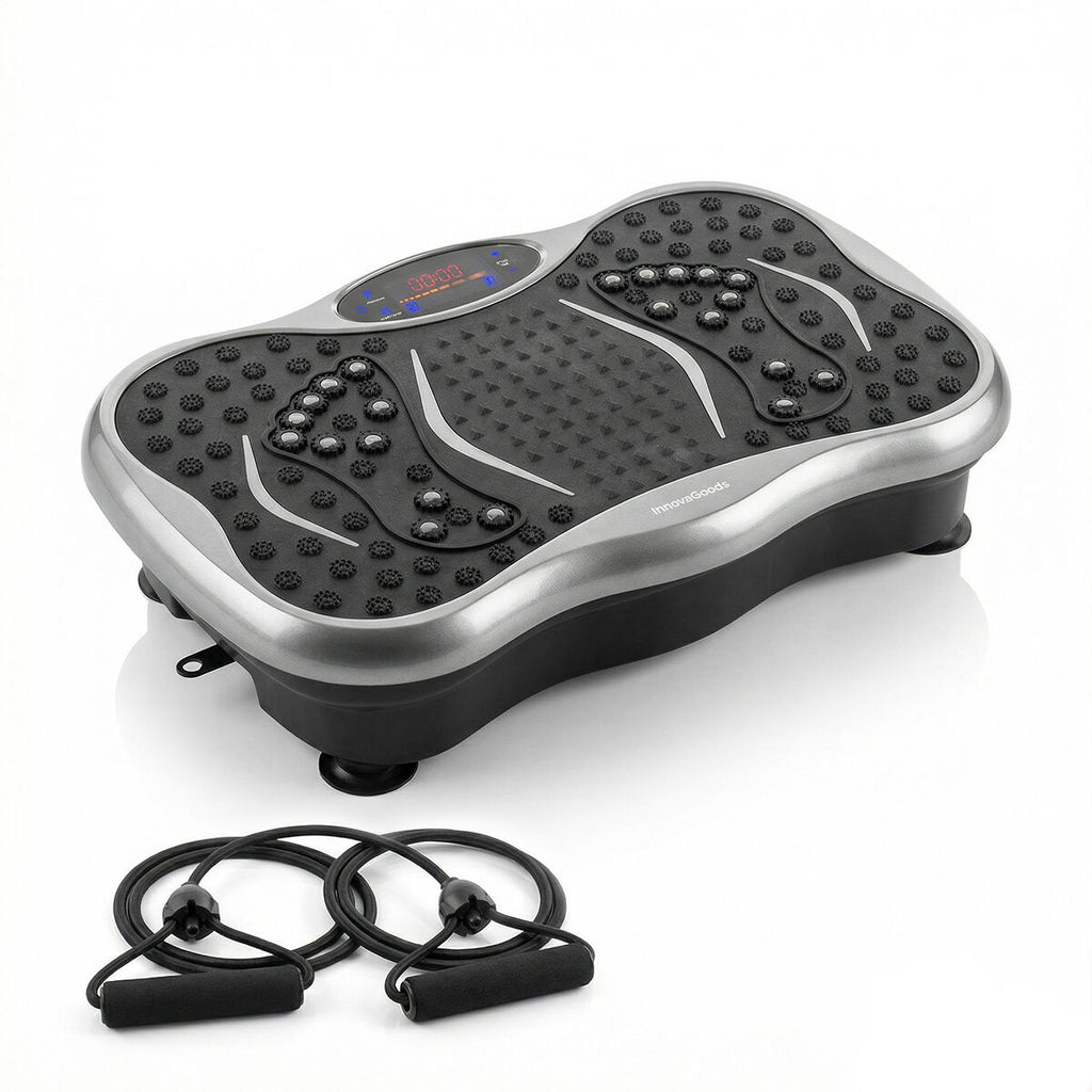 A clean product shot showing the vibration plate with resistance bands on a white background.