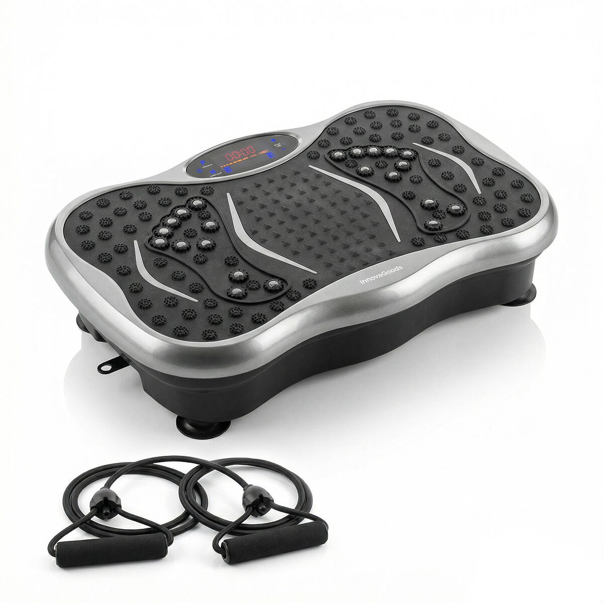 A clean product shot showing the vibration plate with resistance bands on a white background.