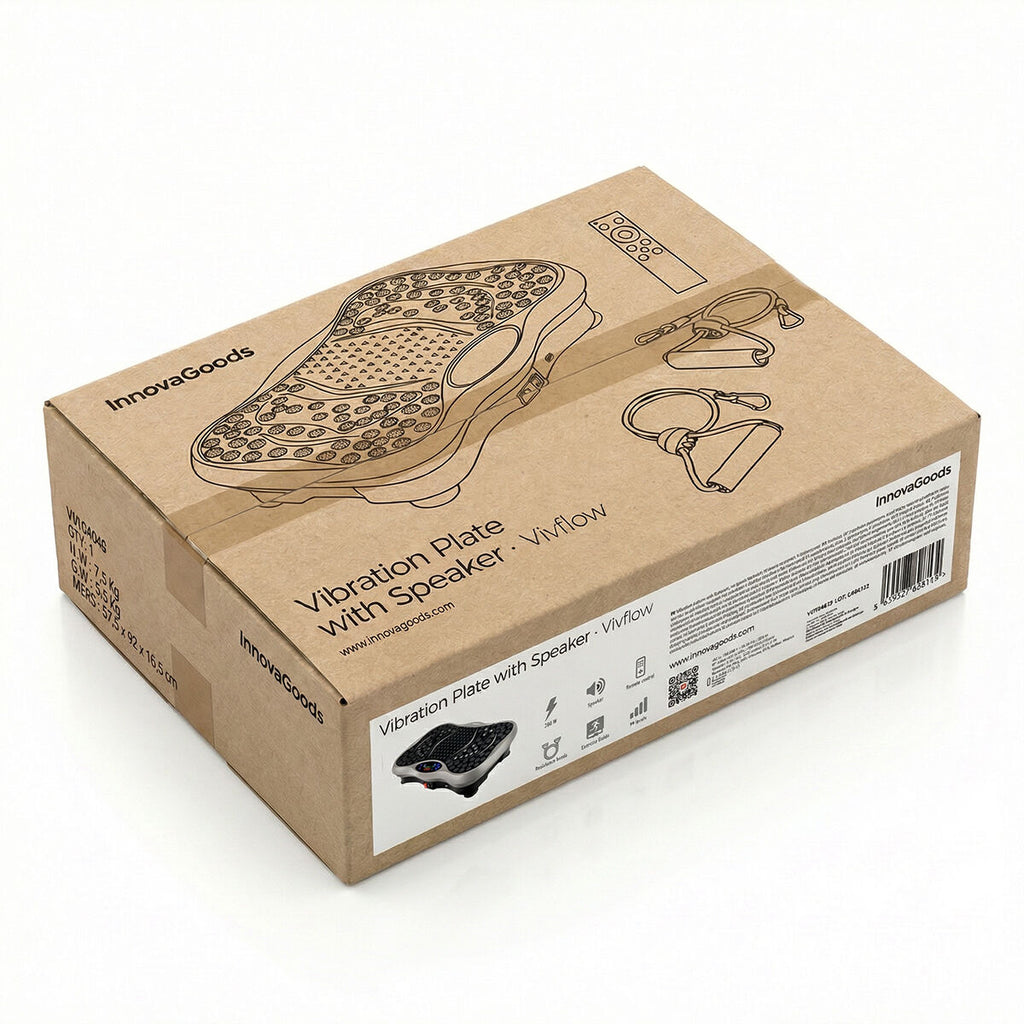 Cardboard packaging of the Vibration Platform with line-drawn illustrations of the product and its accessories.